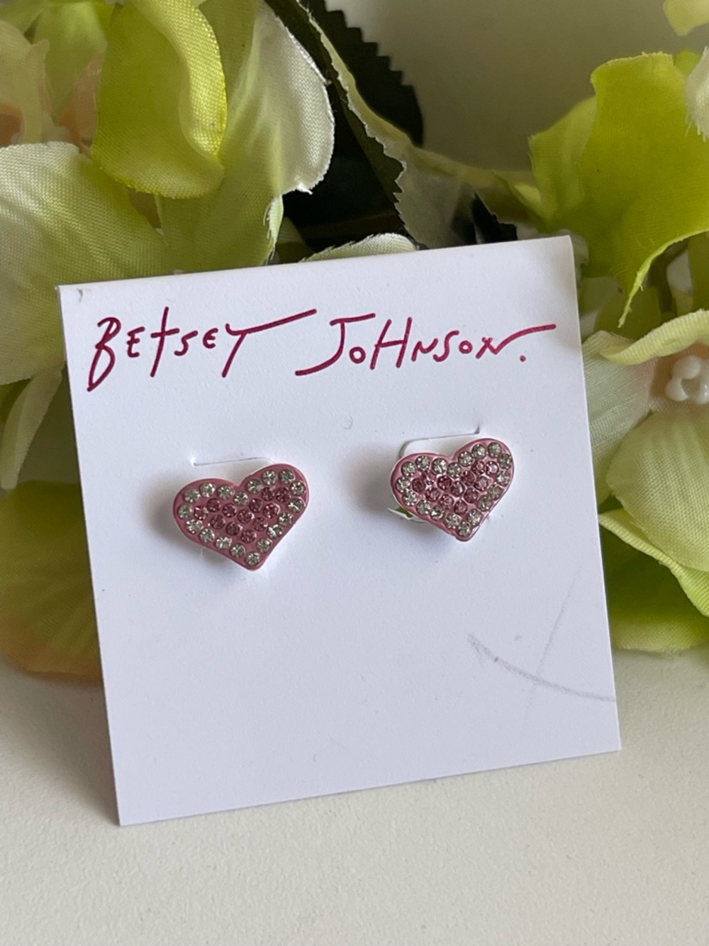 Betsey Johnson Pink Crystal Heart Stud Earrings with Silver Accents